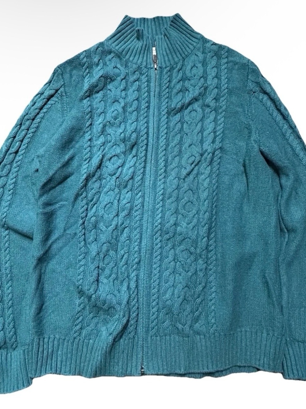 Women’s LL Bean Green Full Zip Cable Knit 100% Cotton Sweater Size Large